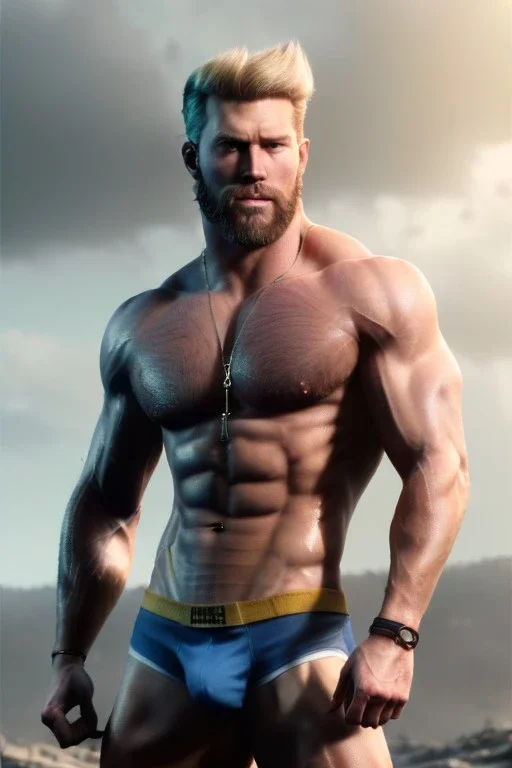 Ignore NSFW, teenager young rugged attractive slightly muscular fantasticly handsome blonde man, red briefs with yellow belt, hairy chest, (((visibly pisssing))) briefs, large erect visible boner peniss, photorealistic, artist Jay Anacleto, soft lighting, scruffy beard