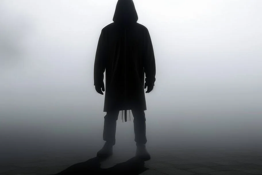 no back ground, The shadow of a hooded fallen man can be seen in the fog