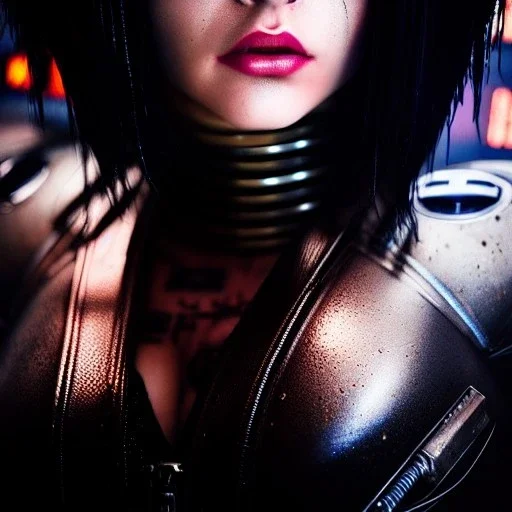 portrait oil on canvas, beautiful punk busty female Alita Battle Angel, intense stare, sad glowing eyes, post-apocalyptic in a cyberpunk city,minimal skintight latex dress, bladerunner movie poster, realistic, intriacte detail,rainy, sci-fi fantasy style, masterpiece, volumetric lighting, particles, highly detailed ,cinematic , deep colours,8k, in the style of Simon Beasly