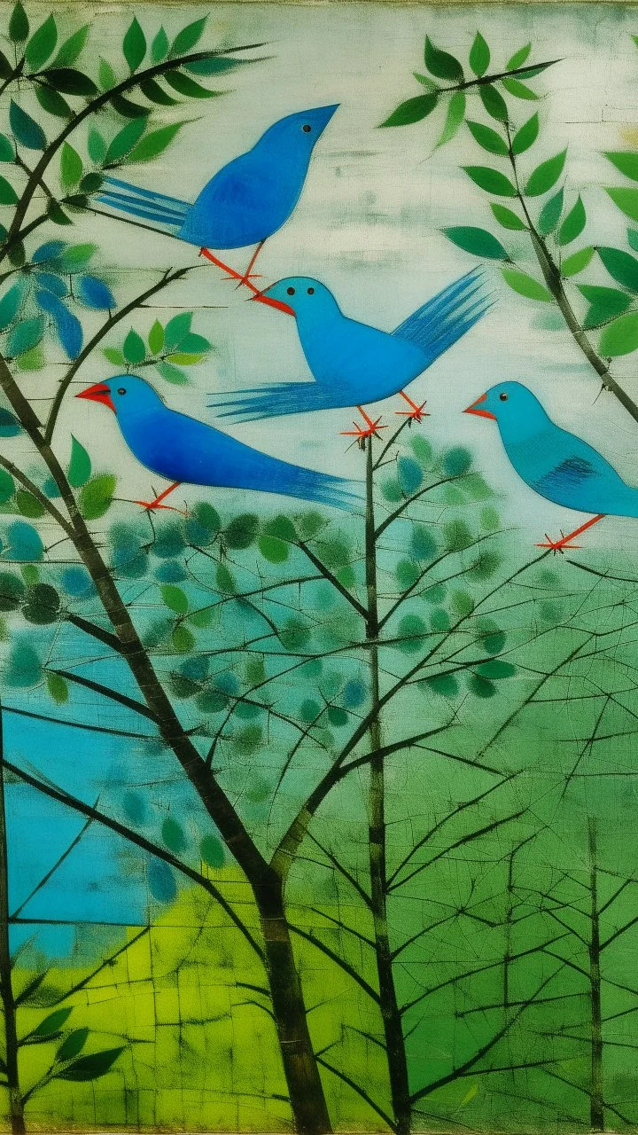 Cerulean treetops with birds painted by Paul Klee