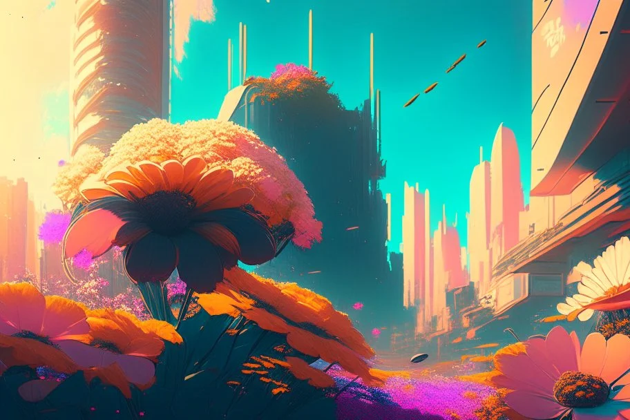 sunny day, flowers, epic, sci-fi, retrowave city