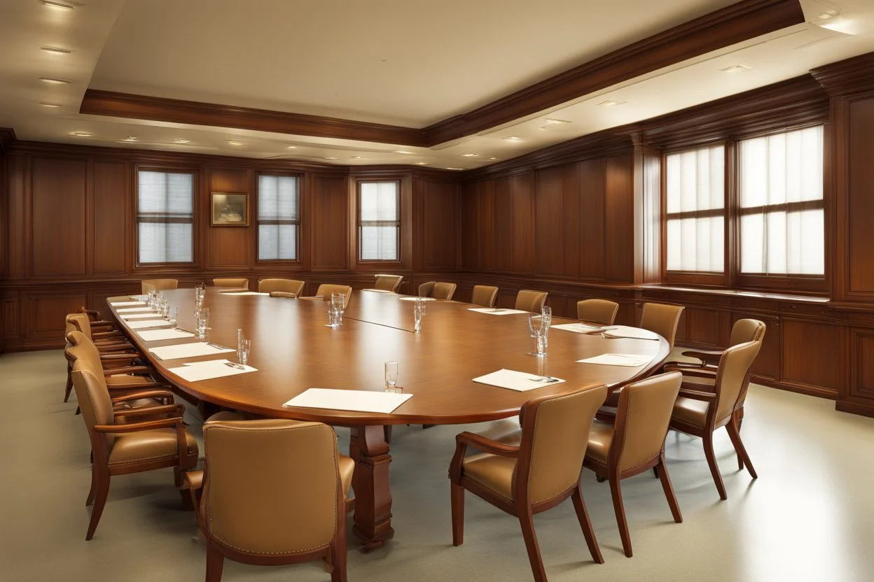 An empty conference room; wooden panelling; leather chairs; long mahagony table;