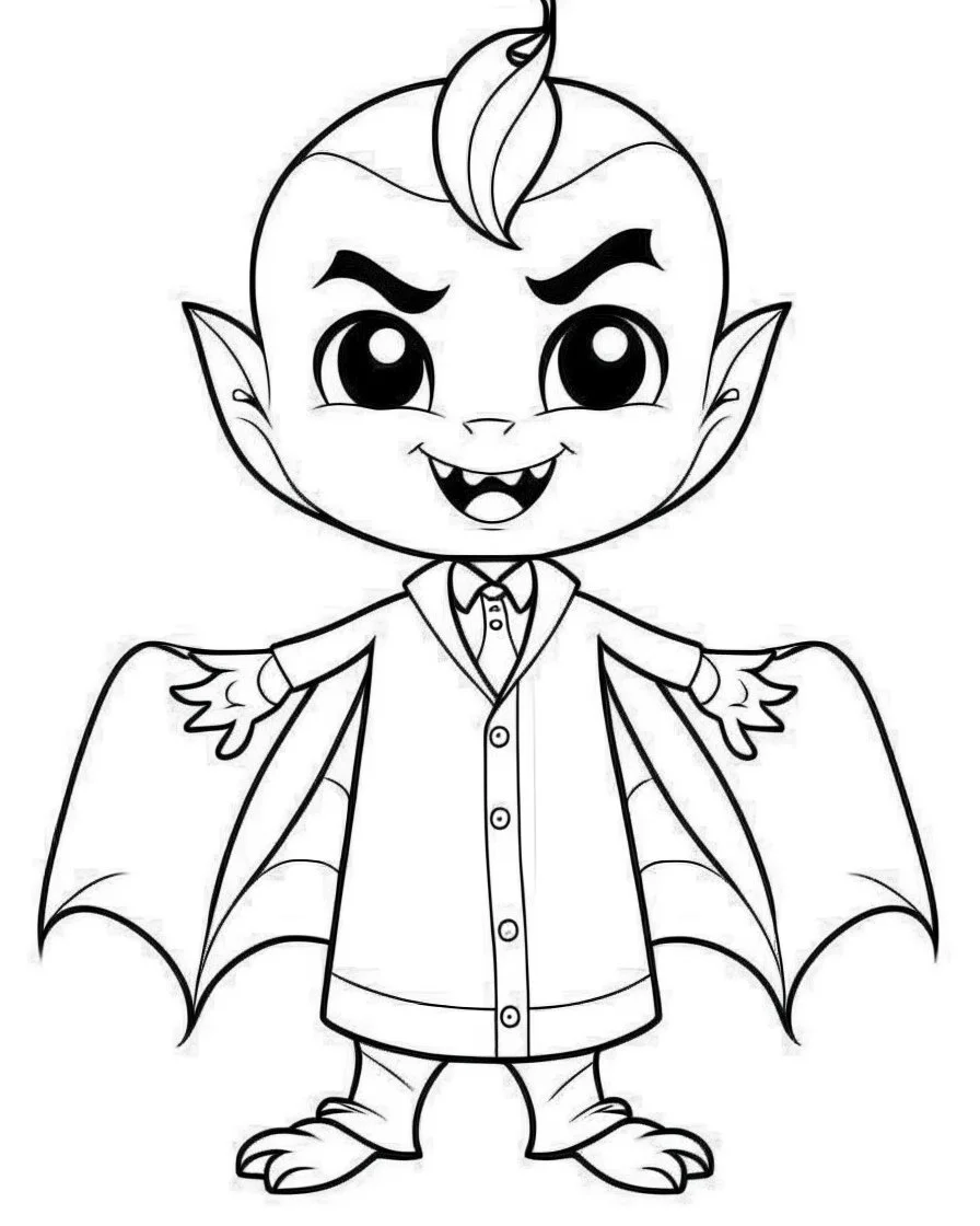 outline art for halloween coloring pages for kids with cartoon cute happy dracula , white background, Sketch style, full body, only use outline, clean line art, white background, no shadows and clear and well outlined, coloring page for kids, kawaii style