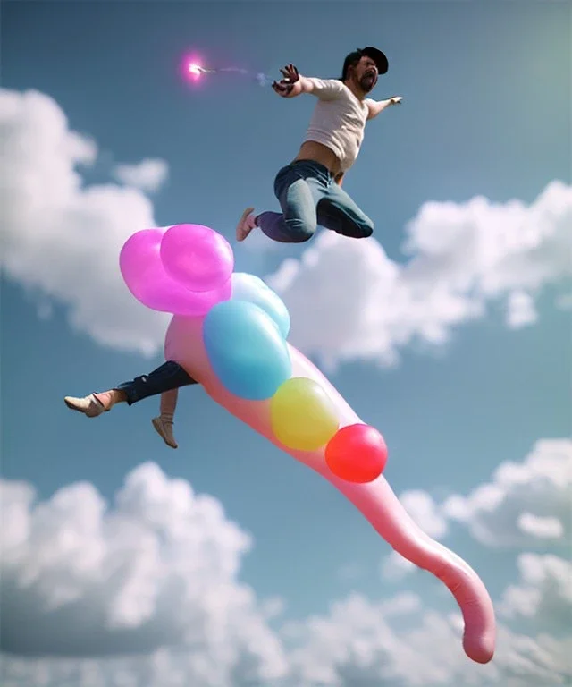 Ultra realistic speed clouds sky scene, wide angle view, sweet men falling down, Childs, feather inflatable color clothing, free jumping flying, many trinkets, hair monster, many jelly beans, balls, color smoke, smile, happy, circus style, extreme, wind, clouds sea, 20,000 feet altitude, stratosphere, soft color, highly detailed, unreal engine 5, ray tracing, RTX, lumen lighting, ultra detail, volumetric lighting, 3d, finely drawn, high definition, high resolution.