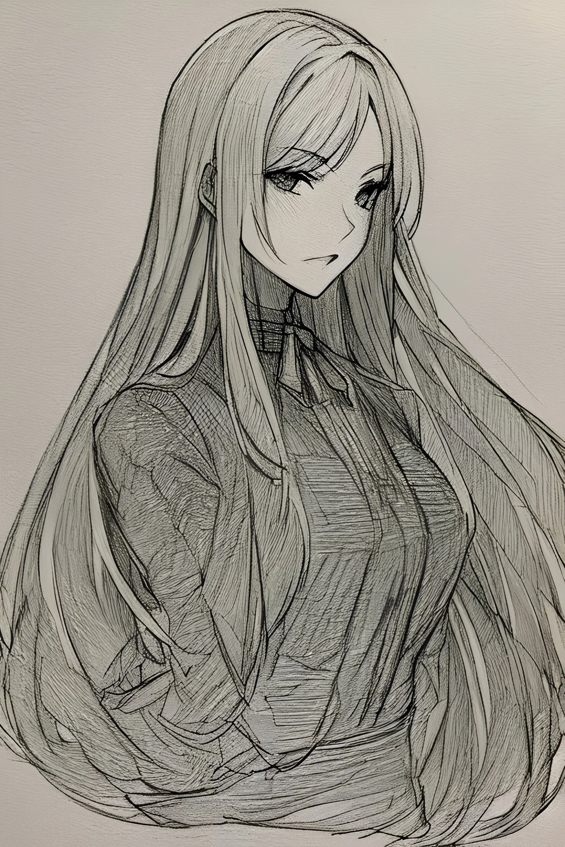 1girl, dress, long hair, monochrome, sketch, solo, traditional media, жемчуг