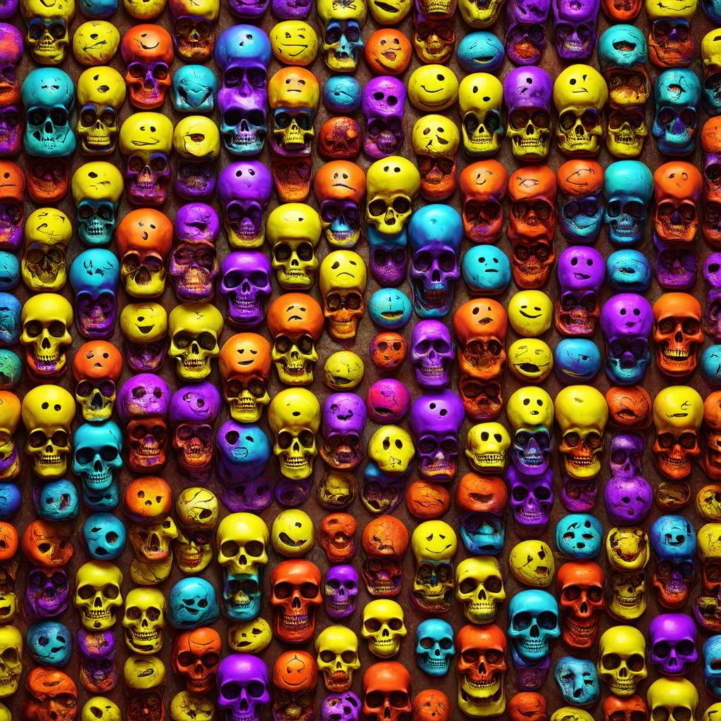 ANATOMICALLY CORRECT digital photograph of wall of multicolored SKULLs OF freshly skinned SMILEY FACEs with fine line, highly detailed, high resolution, 8k 3d, vray, horrorcore, vivid, btight