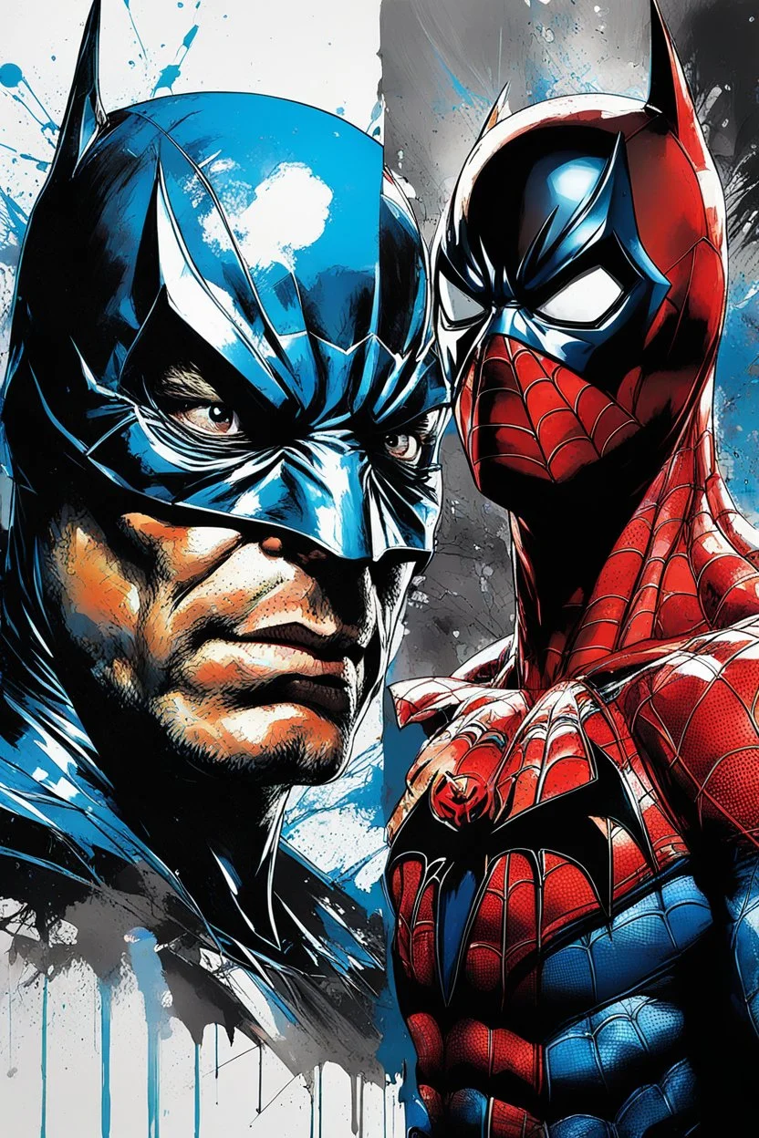 Poster in two gradations, split in half, one side "spiderman", other side "batman", midline of the face, painting by Yoji Shinkawa, solid and splash colours detailed iridescent, metallic, translucent, dramatic lighting, hyper futuristic, digital art,