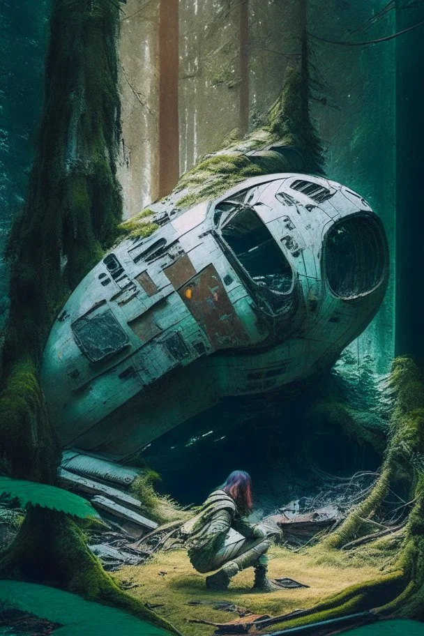 damaged spaceship in a forest clearing with a woman kneeling under it fixing something