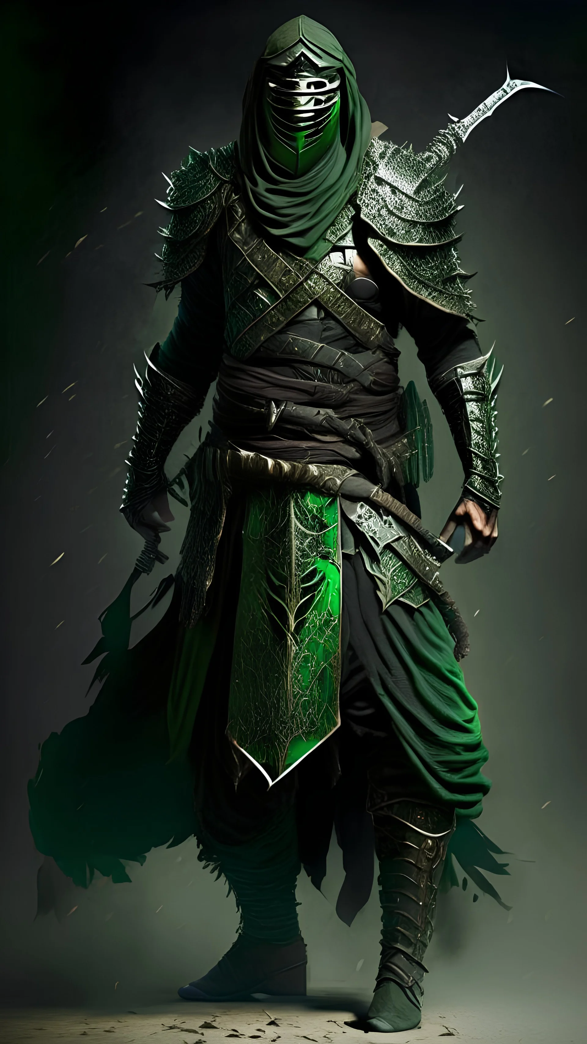 Arab warrior Full Body Full Armored Wearing Face Mask Iron Masculine Mysterious Powerful Fantasy High Quality Carrying Sword green clothes