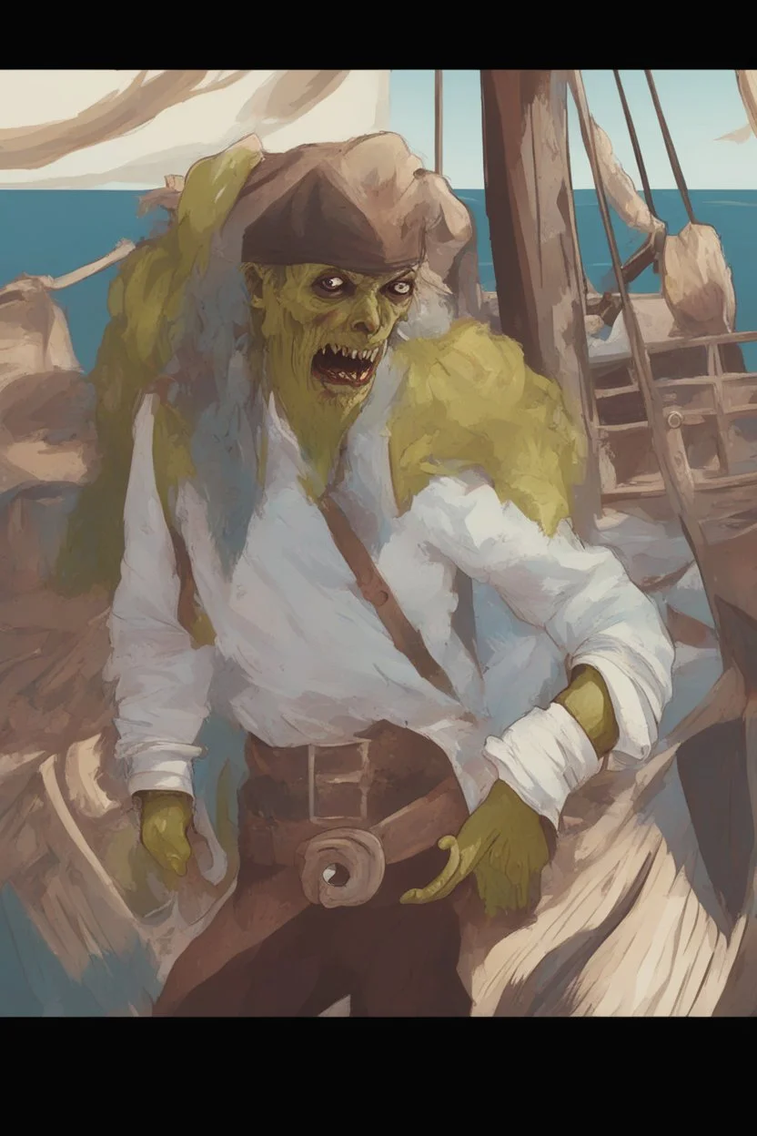 close up portrait of a zombi as a pirate, 2d drawing, background on a boat