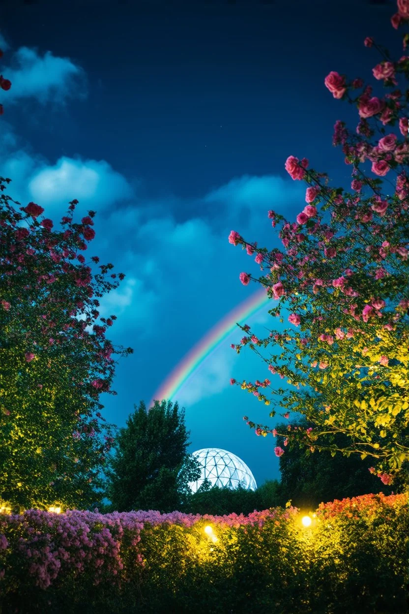 nighttime, rainbow dome among rose trees, forest, trees, flowers, fairy lights, night, 8k, high quality, trending art , sharp focus, studio photo, intricate details, Bosch painting style highly detailed, clouds and fog