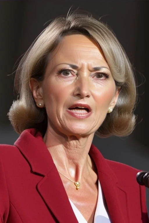 A preety woman in her early 50s having a presidential speech in front of a huge building