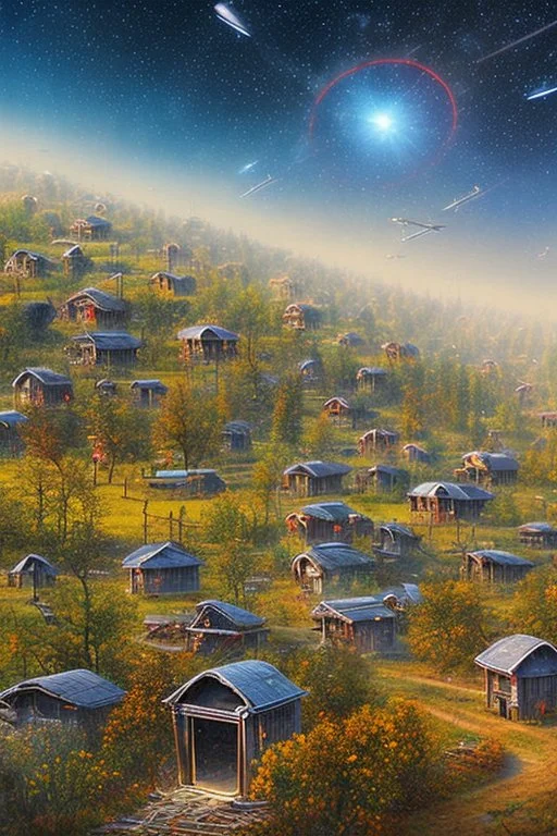 Omniscient Eye in the sky over rural hamlet shanty town shacks tar paper tin roof Apocalypse end times Biblical Depiction Hidden in plain sight Conspicuous scourge of mass mental surveillance Inside average American living room in use Satellite cameras Photo real Graphic illustration Orwellian Idyllic Suburban American