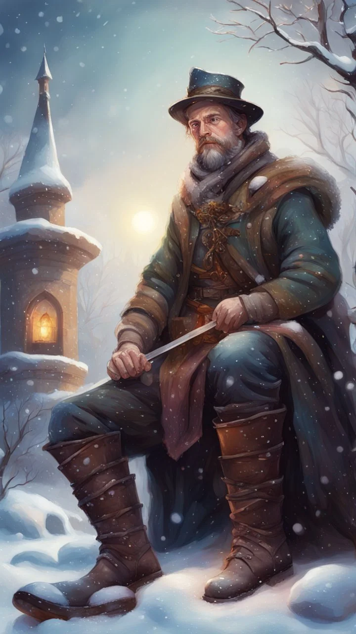 portrait of bard man with old boots, sword and lute in the snow garden holding a tower fortification, magazine cover illustration with oil paint and spray paint, signed, bokeh like, down-light, unreal engine, prize winning