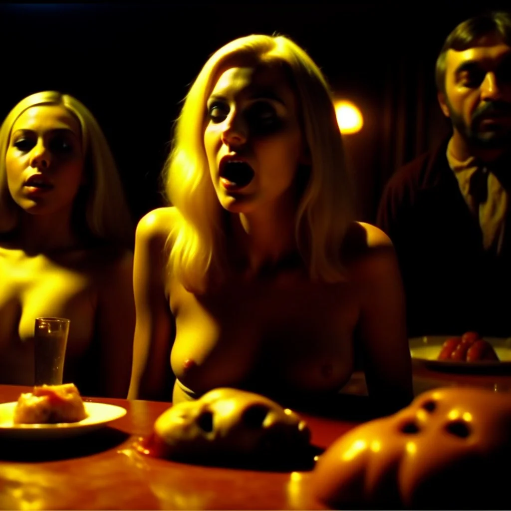 Horror movie shot, spooky, hot, ultra realistic, dine, ultra realistic hot blonde women, party, hot, tittus, pieces of meat, organs, ail, dynamic, very excited people, hypermaximalist figures, light, 1970's Italian horror movie, sinister,, Dario Argento, Stanley Kubrik, ornate, 4k, photorealism