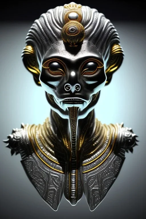 Silver alien, head, wicked, black eyes, blood, 8k, finely detailed, photo realistic, Anunnaki black male African Egyptian alien, cracks in the voodoo head, wicked, eyes, crown, Elephant, 8k, finely detailed, photo realistic, tiger turquoise skull head gold dragon space alien snow skeleton gold olmec silver crown silver eyes