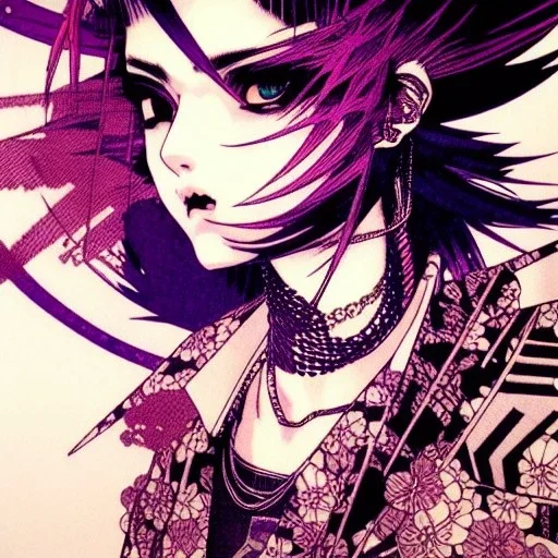 beautiful punk girl, hyper detailed, hyperdetailed, intricately detailed, illustration by <Katsushika Hokusai> <Yoji Shinkawa>, purple tones, darkred tones,