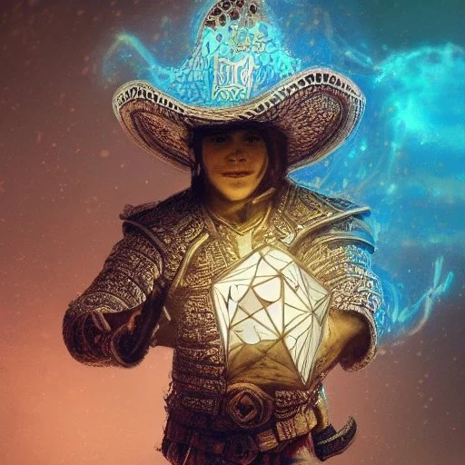 Insanely detailed photograph of an “mariachi warrior holding glowing D20” with intricate detailed Sombrero, intricate clothing, hyperdetailed painting by Ismail Inceoglu Huang Guangjian and Dan Witz CGSociety ZBrush Central fantasy art album cover art,8K, hdr, mysterious, flickeringlights ,Stoic