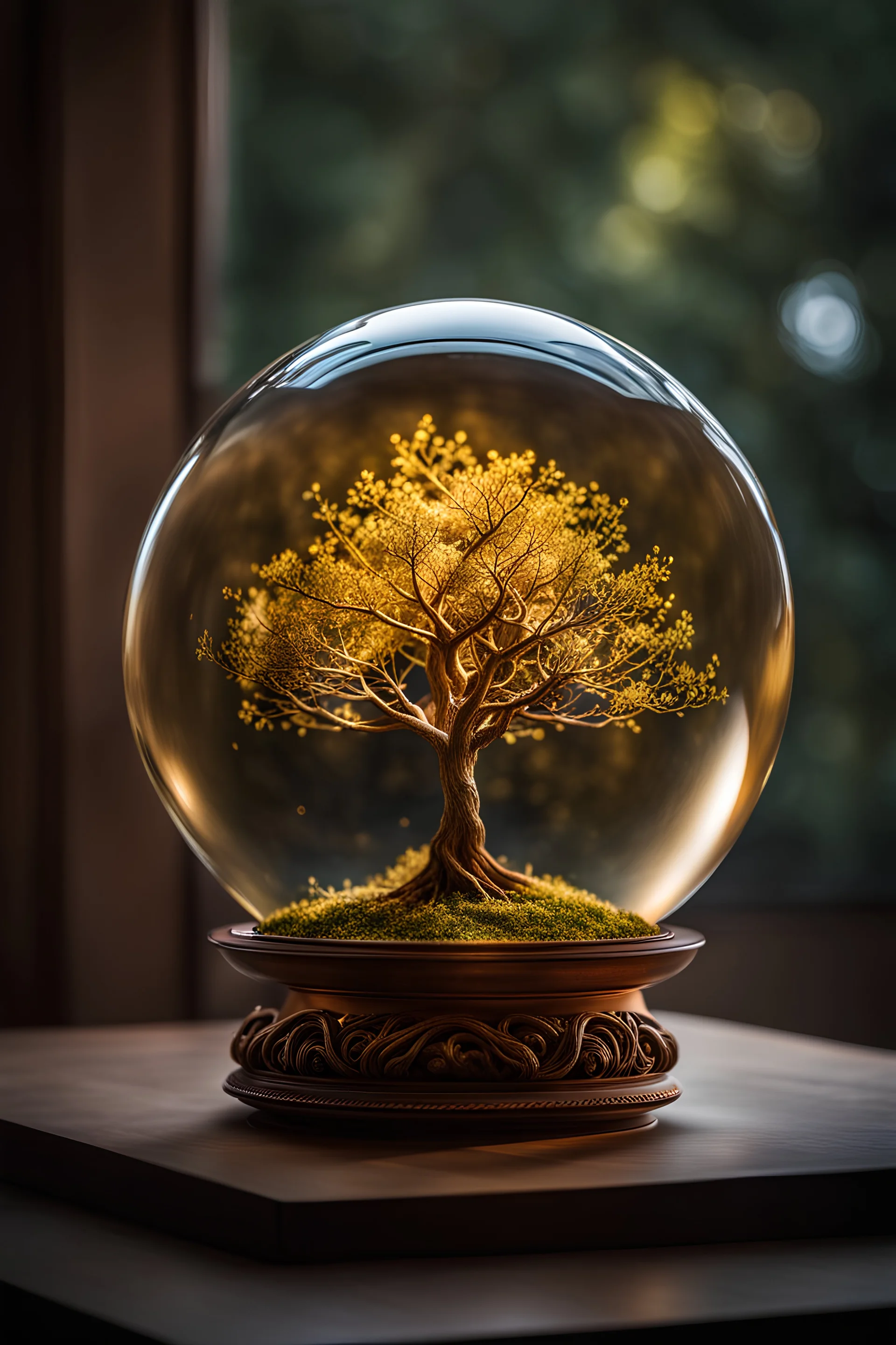 a tree of life inside of a glass-sphere, the tree has decayed from lack of nutrients, goldish light inside the glass-sphere, gold glass-sphere, intricate detailes, micro gold aura, Cinematic lighting, Volumetric lighting, Epic composition, Photorealism, Bokeh blur, Very high detail, Sony Alpha α7, ISO1900, Character design, Unreal Engine, Octane render, HDR, Subsurface scattering