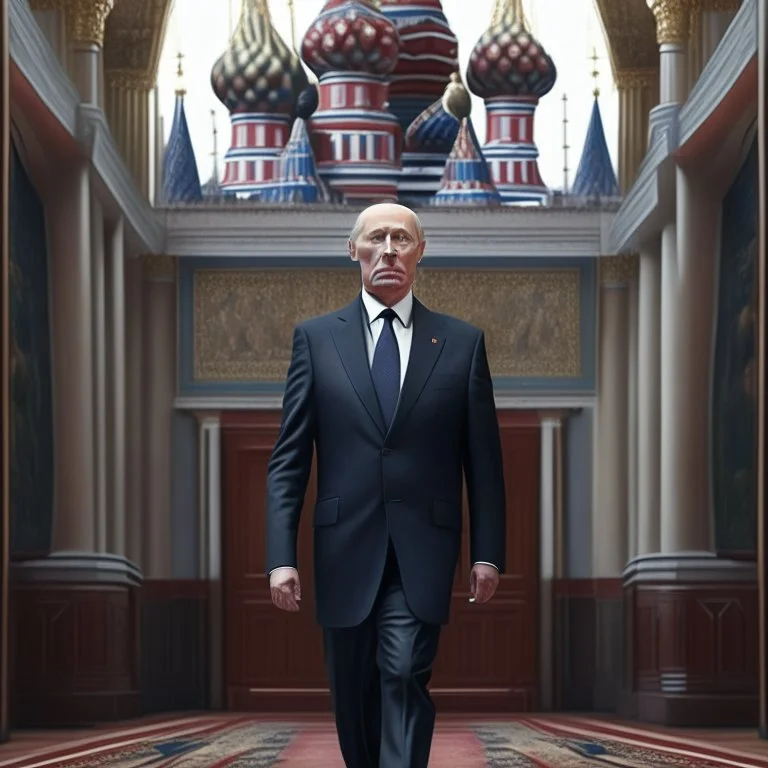 President putin in the Kremlin cuerpo completo piernas zapatos detallada obra de arte 4k traje corbata arte pixeles coherente proporcionado