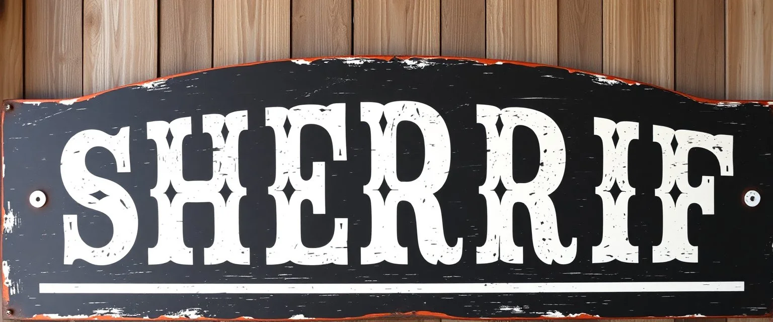 large and wide hand painted old western sign that reads: "SHERRIF" white on black with inset boarder stripe in white aged