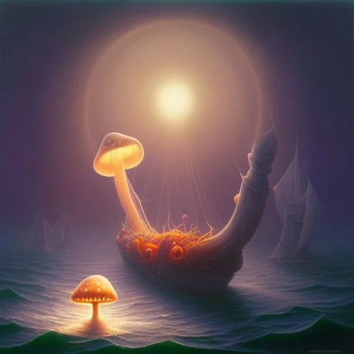 a noctilucent boat made of a mushroom on the ocean at night by artist "Michiel Schrijver",by artist "Leonora Carrington",by artist "Pinhole Photography"