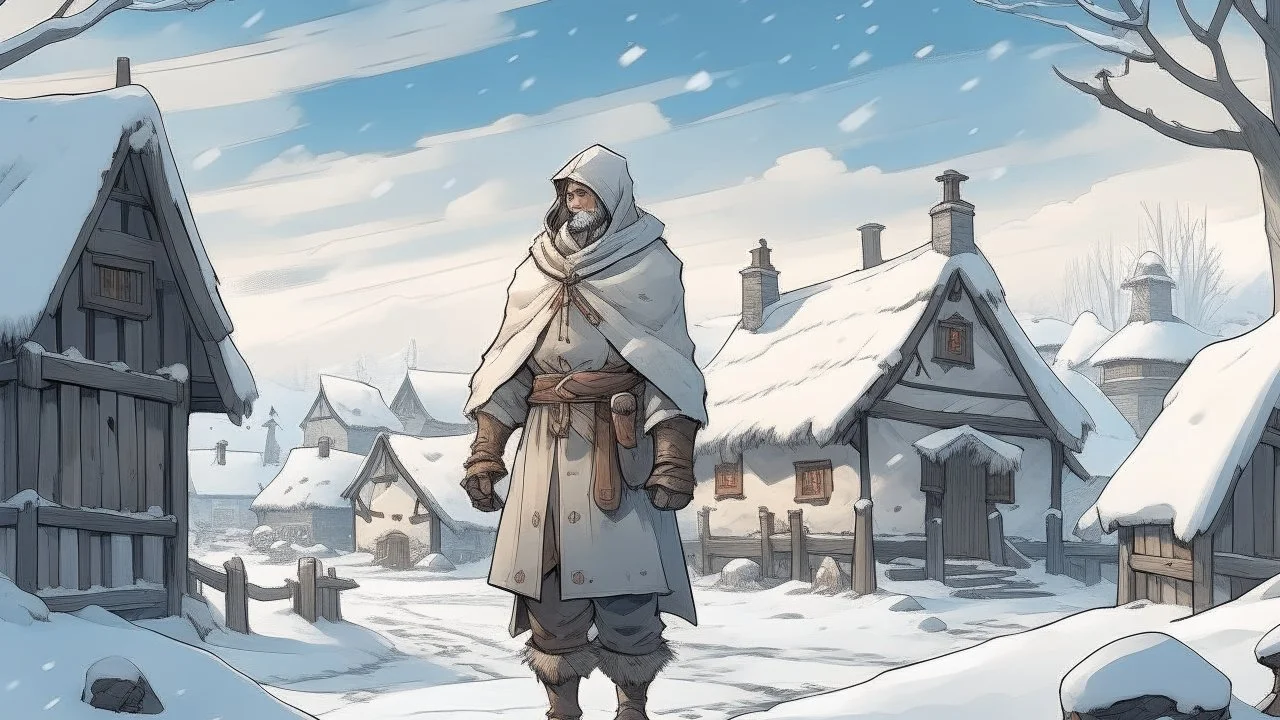 In the winter season that surrounds the earth with its cold and calm, the hero stands in the middle of the village, carrying the burden of wise decisions on his shoulders. The hero contemplates the future of the village and feels the weight of the great responsibility that falls on his shoulders. The hero is dressed in a winter coat that matches the white, snow-covered environment. Snowflakes fall from the gray sky, reflecting the calm of the moment and the transformation that the hero is going