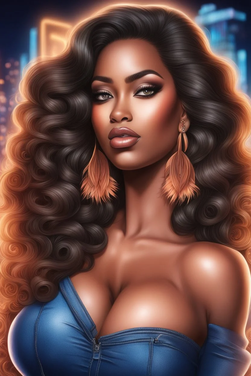 create an airbrush illustration of a curvy black female wearing Tight blue jeans and a peach off the shoulder blouse. Prominent make up with long lashes and hazel eyes. She is wearing brown feather earrings. Highly detailed long black shiny wavy hair that's flowing to the side. Background of a night club.