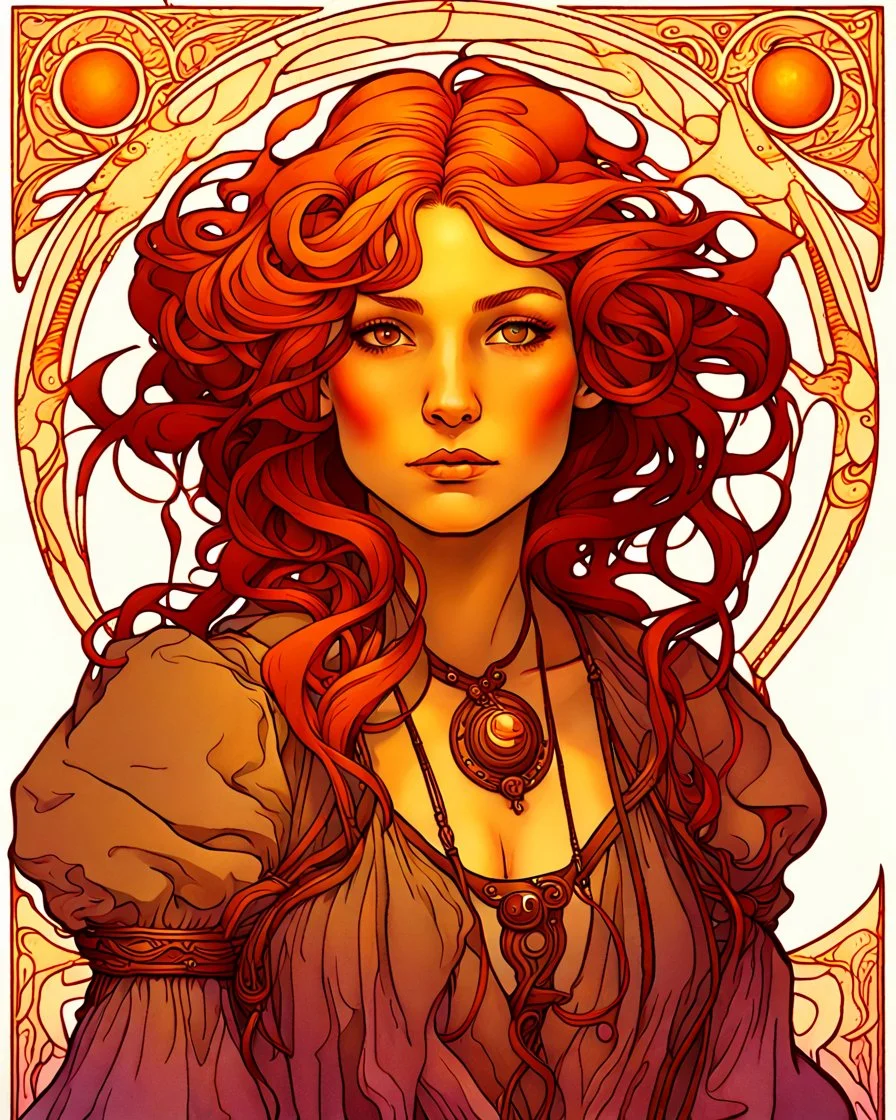 Tile hair, flaming lips, eyes seeking eternity, leader of the witch community, coppery tresses tumbled about her face, tremendous facial anatomy, meaningful beautiful brown eyes, wavy purplish hair, one third rule, trending on top of Art station, by Alphonse Mucha"