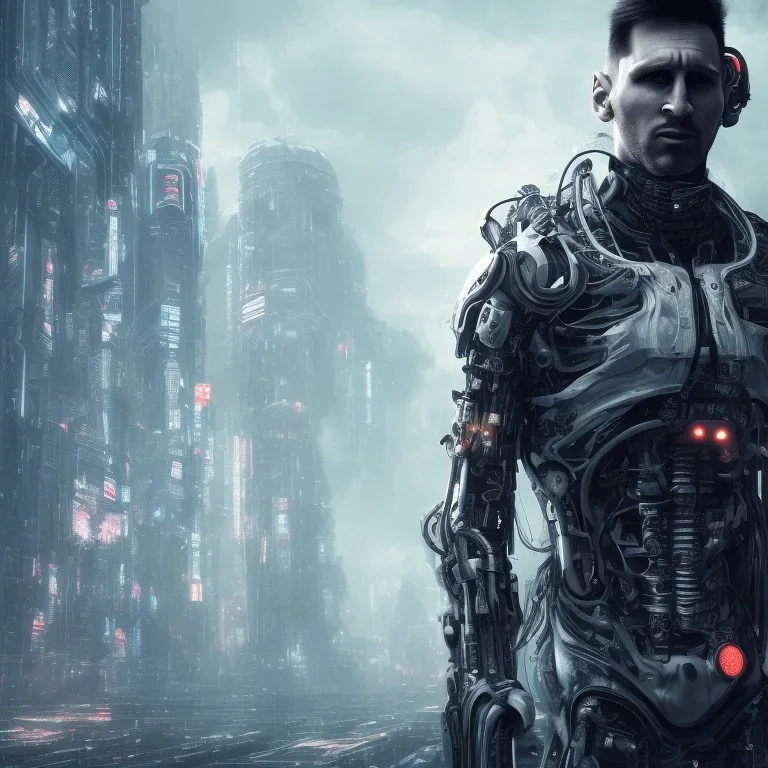 portrait post-apocalypse perfect face lionel messi cyborgs in a cyberpunk city, sci-fi fantasy style, 8k,dark