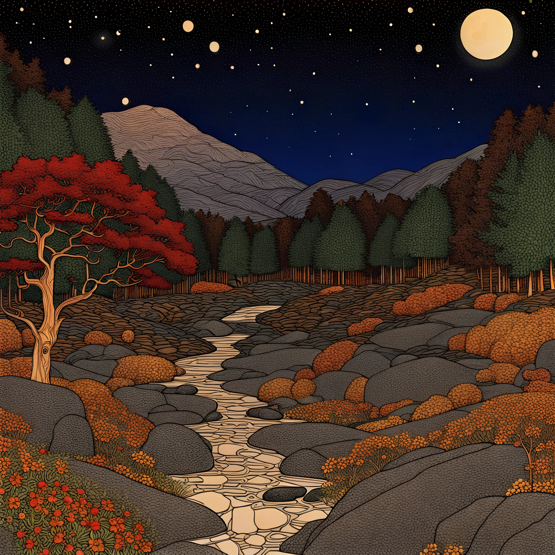 Colourful, peaceful, Egon Schiele, Gustav Klimt, night sky filled with galaxies and stars, rocks, trees, flowers, one-line drawing, sharp focus, 8k, deep 3d field, intricate, ornate