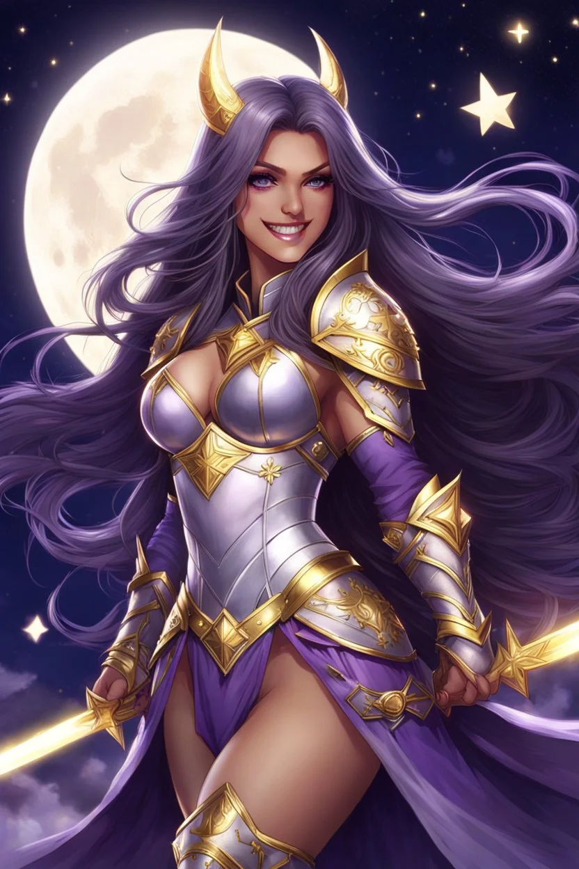 SUPER PRETTY GIRL, WITH A LITTLE WHITE-GOLD ARMOUR, PURPLE LONG HAIRED, NICE EYES, GREATH SMILE, BIG BUBS, NICE BODY, STAY ON DARKNESS CASTLE, STARS SKY, MOON, LEGENDARY WARRIOR, POWERED GIRL, A GOLDEN GLOW AROUND HER BODY.