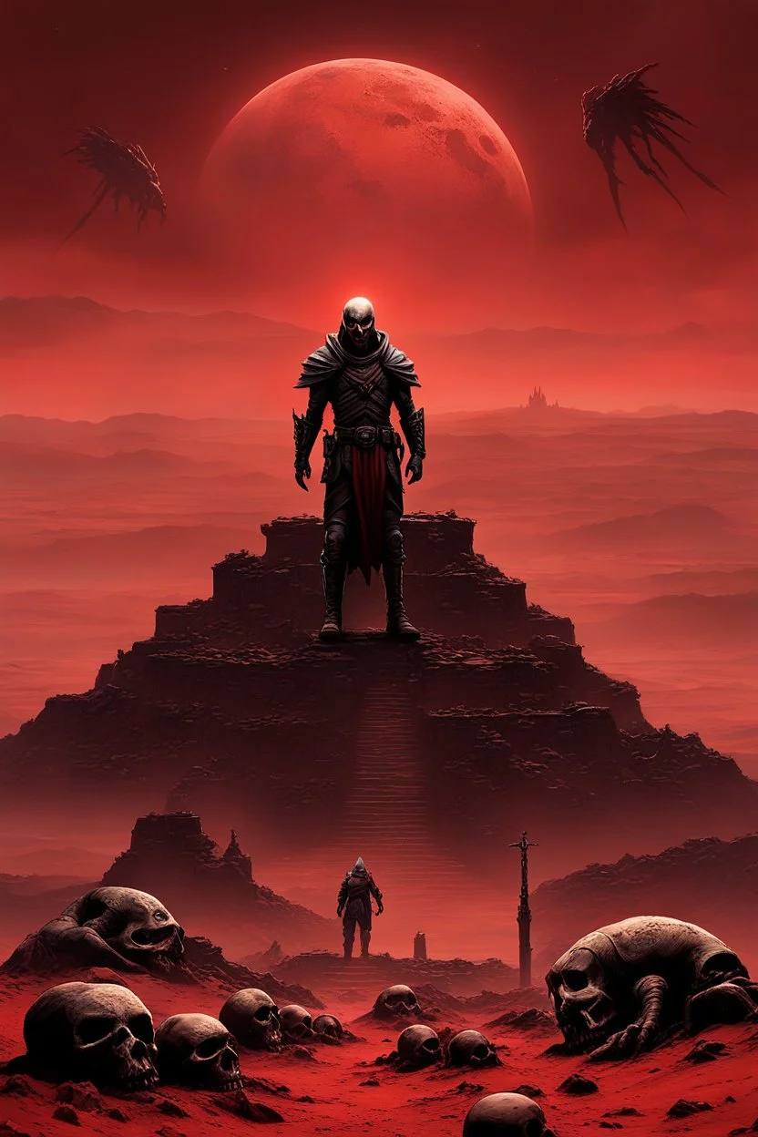 In the alien landscape of Mars, the hero stands atop a towering mound of skulls, a grim testament to the battles fought and lives lost in this desolate realm. The red soil beneath his boots whispers tales of ancient conflicts, as the crimson sky above casts an eerie glow on the macabre scene. With each step he takes, the hero's presence radiates an aura of power and determination, a lone figure standing defiant against the harshness of the Martian wasteland.