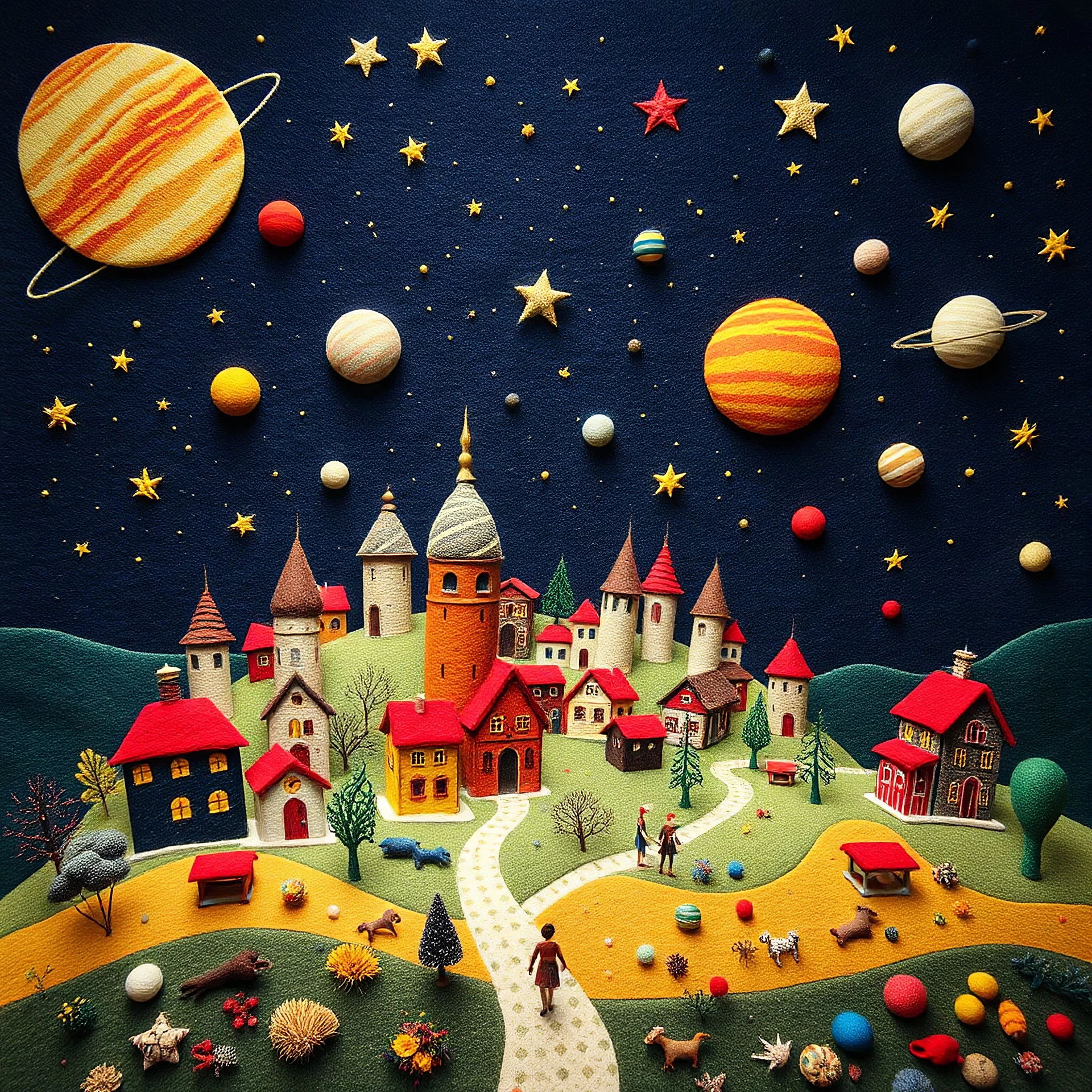 Photograph of a village made of felt art, 3d deep field, creepy, Max Ernst, wide angle landscape scene of an odd village, stars and planets, needlepoint, abstract silhoutte, expressionist style, colorful holiday, Yves Tanguy, hasselblad h6d400c --ar 85:128 --v 6.