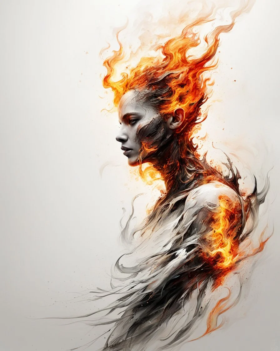 art, abstract, human, burning edges, (intense and emotional visual experience:1.5), (captivating and fiery ambiance:1.3), (dramatic and captivating essence:1.2), (fiery details:1.3), white background