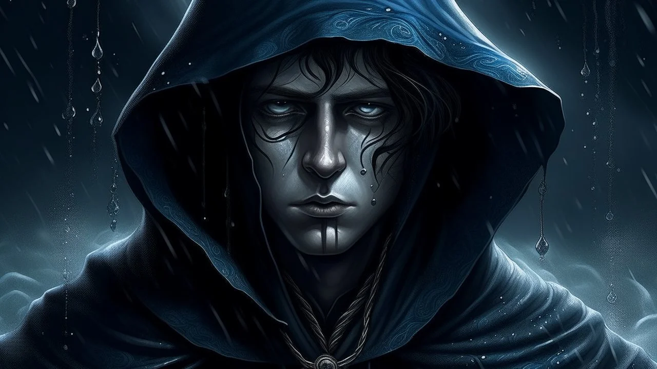 Create an ultra-realistic dark fantasy "Lord of the Ocean of Tears" vinyl record cover. The character is dressed in a cloak and has his face covered with a hood.