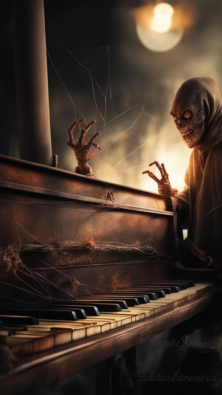 Ugly , Evil rusted hands on an old piano keyboard with spider on the keyboard