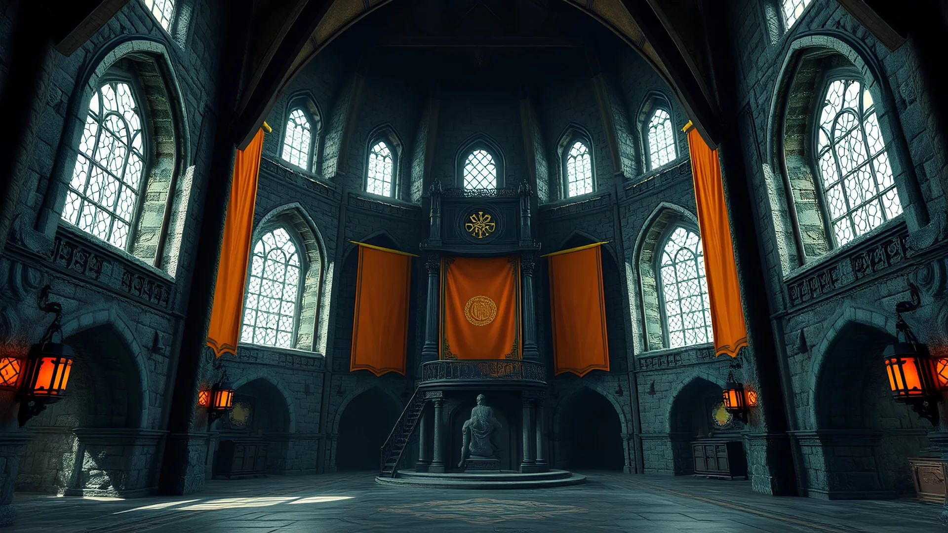 Medieval castle room with orange and yellow banners, 8k, high quality, trending art, trending on artstation, sharp focus, studio photo, intricate details, highly detailed, by greg rutkowski