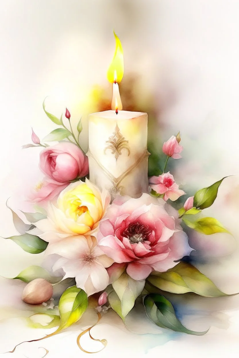 MAGIC A PYRAMID CANDLE IS BURNING AROUND WONDERFUL FLOWERS English watercolor, Smoky cream, pale gray, pale pink, pink background. bright light, a bouquet of roses on the table are pale pink, pale bordeaux, white, ochre. green stems, the light is translucent. Watercolor, fine ink drawing, peonies in an hourglass, elegant gold inlay, rich interior rose of the valley, leaves, nature, beautiful raindrops, beautiful fog, over a beautiful rainbow, fantasy, romantic dreamy mood, special attractions