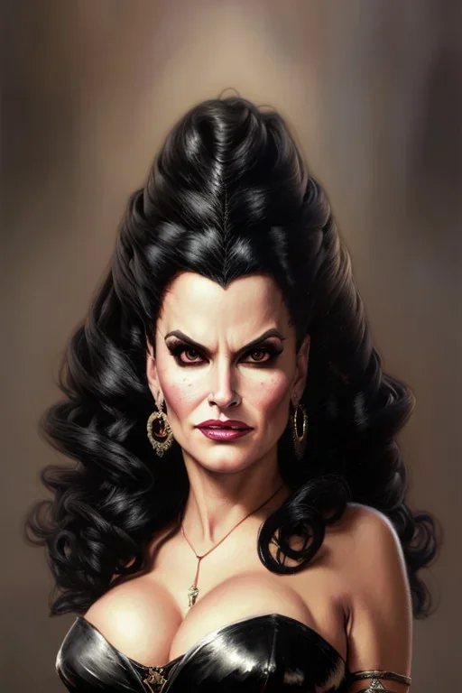 painting of lisa ann as evil queen in black leather gown, feminie, angry, stern look on her face, volouptous, busty, cleavage, emperious, mature, highly detailed, digital painting, artstation, concept art, smooth, sharp focus, illustration, art by gaston bussiere and alphonse mucha