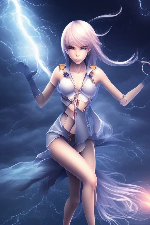 Stunning anime popgirl with striking looks in a stormy background