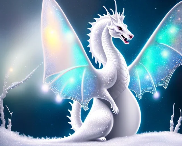 mdjrny-v4 style, a white dragon with fairy-like transparent glowing and sparkly wings standing in snow, full body, silver and teal background, glowing soft and smooth wings, realistic, highly detailed intricately detailed, shiny snowy background, soft studio lighting, trending on artstation, by artist "Julie Bell", by artist "Greg Rutkowski"