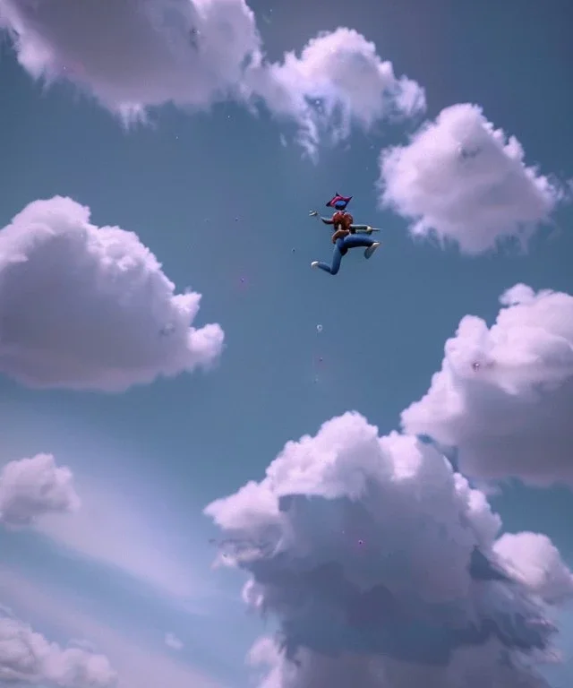 Ultra realistic clouds sky scene, wide angle, medium shot view, portrait, sweet Childs, free jumping flying, trinkets, monster hair, jelly beans, balls, smile, happy, Peter Pan style, inflatable color clothing, extreme, wind, clouds sea, 20,000 feet altitude, stratosphere, soft color, highly detailed, unreal engine 5, ray tracing, RTX, lumen lighting, ultra detail, volumetric lighting, 3d, finely drawn, high definition, high resolution.