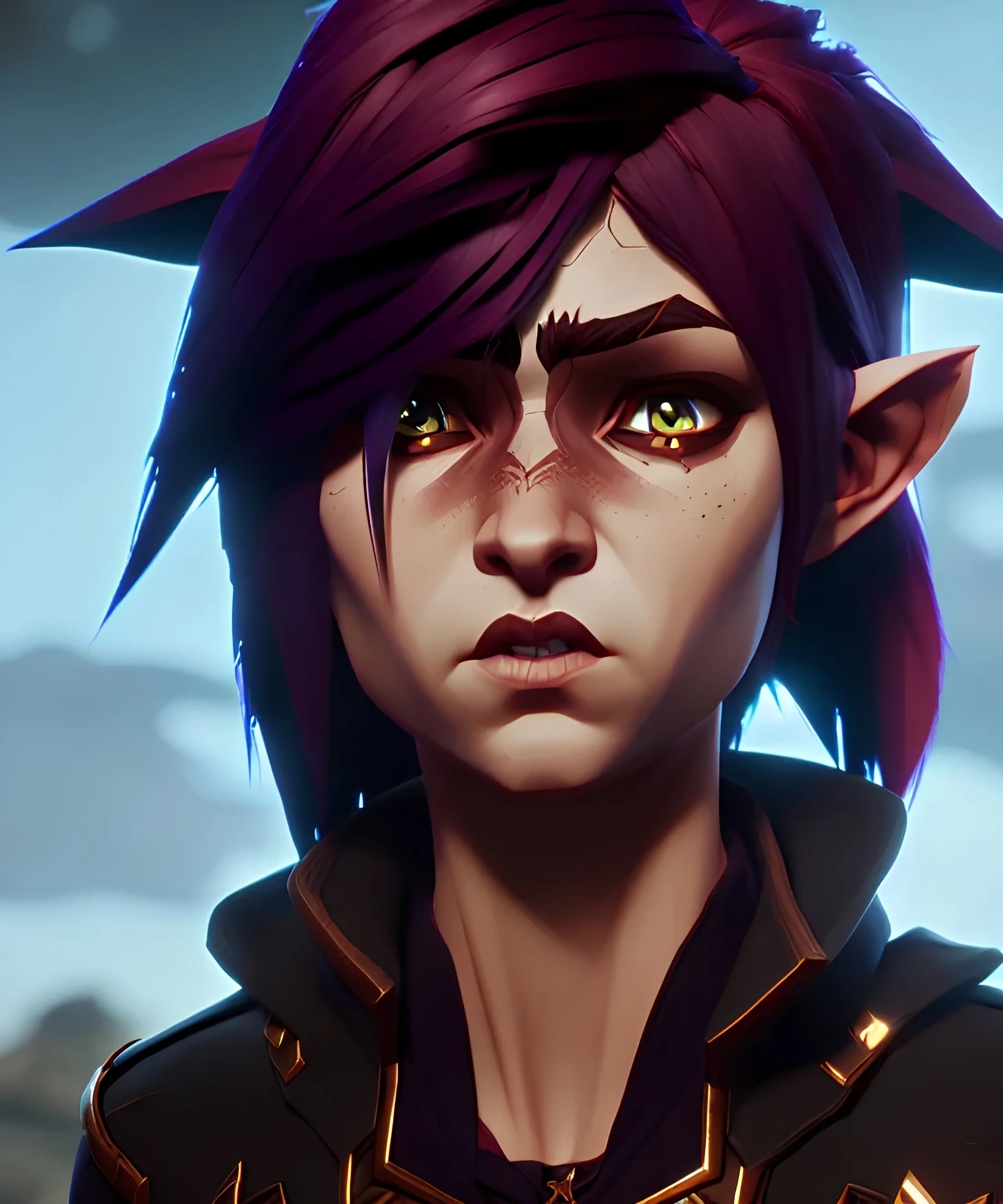 Cute emo elf character with dark brown hair, magnificent, majestic, Realistic photography, incredibly detailed, ultra high resolution, 8k, complex 3d render, cinema 4d.