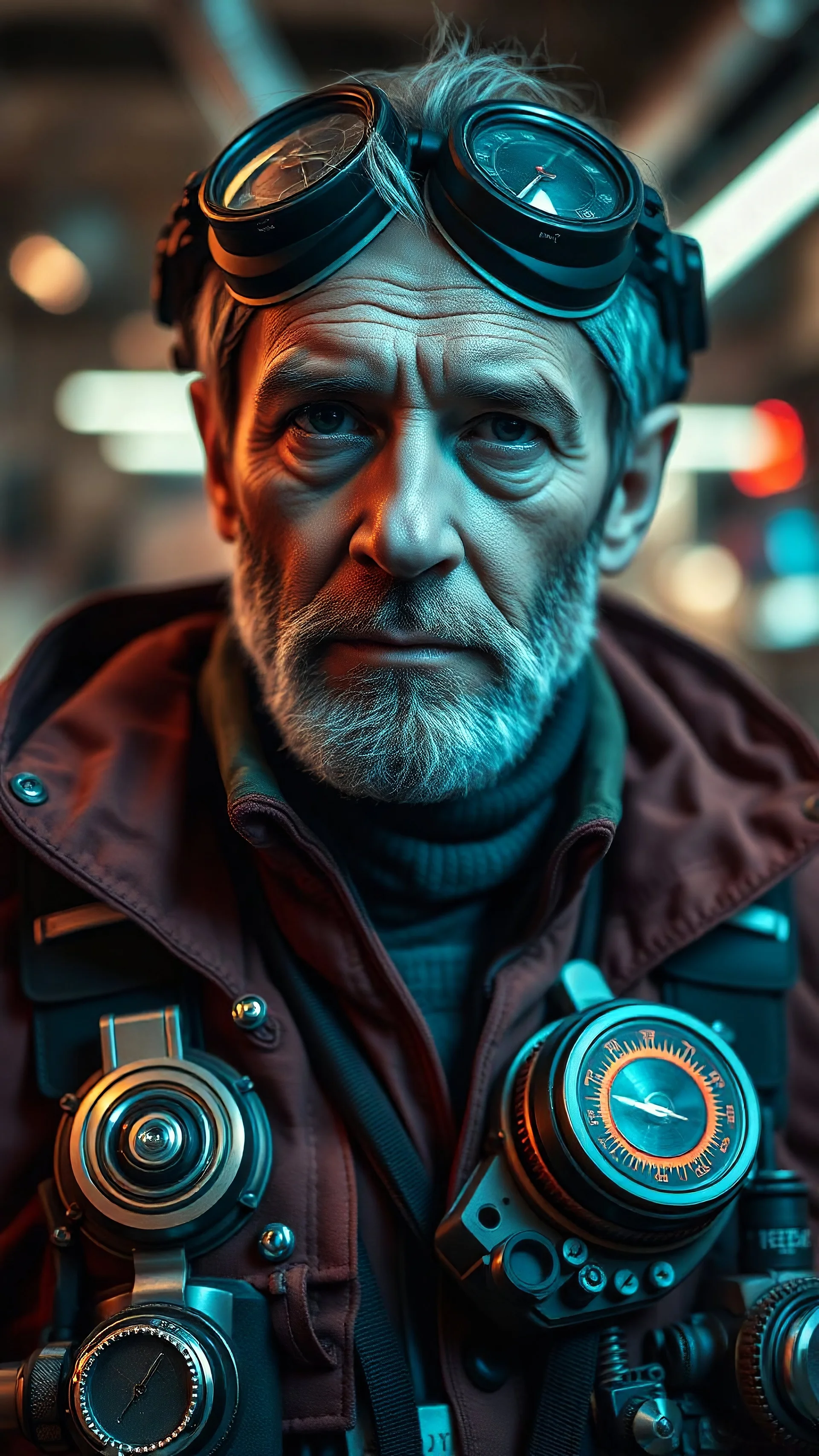 photo real of an Eurasian middle age man in a cyberpunk style, his wearing enforced with appealing sophisticated intricate gadgets for repairing aircraft engines; inspired by the city of mechanics science fiction thriller, exocentric background, firm and clever, enigmatic mood, photography hyperdetailed realism realistic soft lights, photo shot on V-Raptor XL RED wide lens camera, photo real, upscaled, enchanting and charismatic elements on his face.