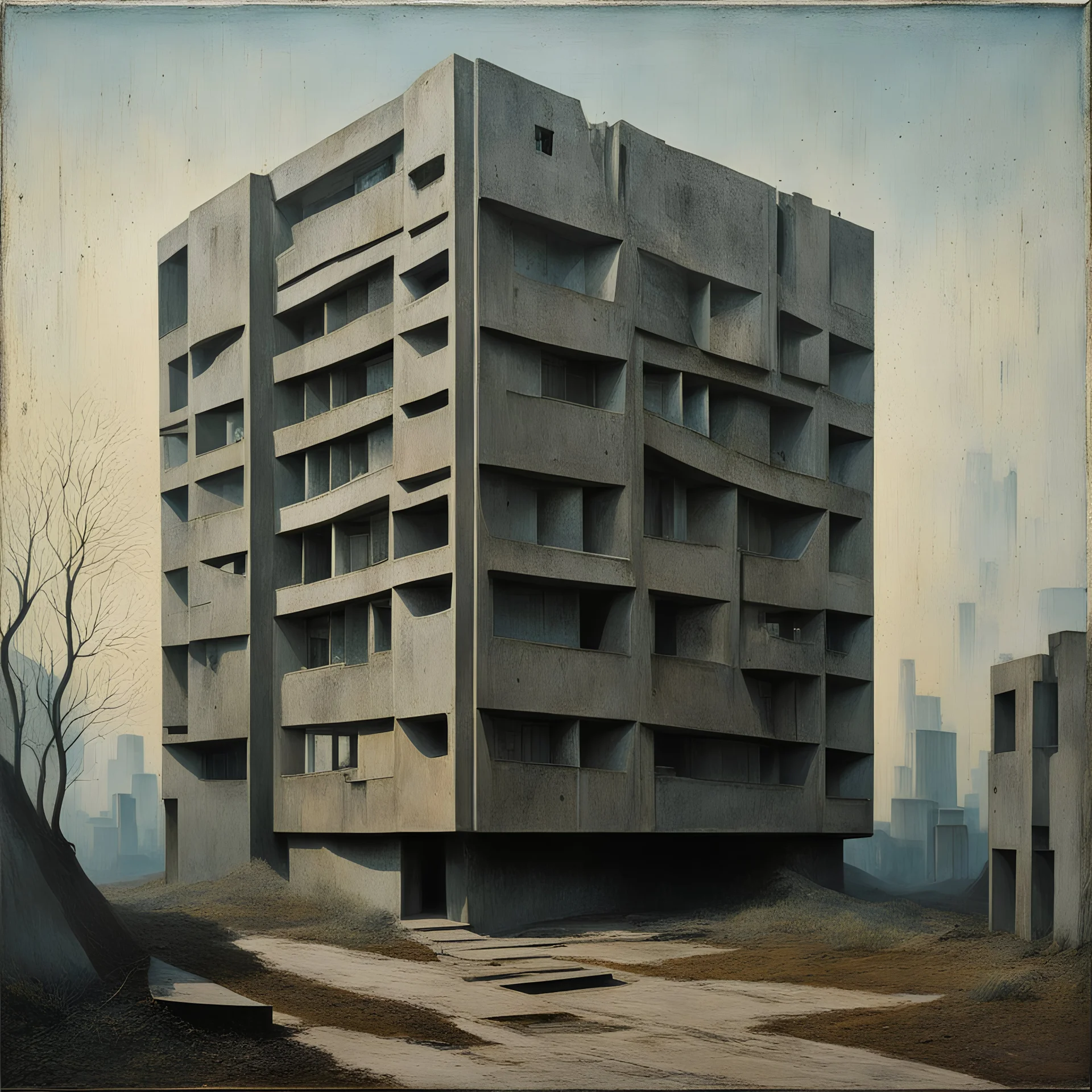 Horrible brutalist flats in the outskirts of an ethereal city, Max Ernst, strong texture, bas-relief