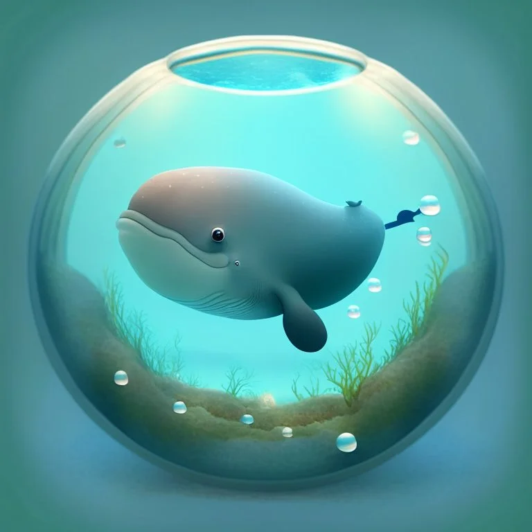 A cute little Sperm whale in a small circular fish tank.