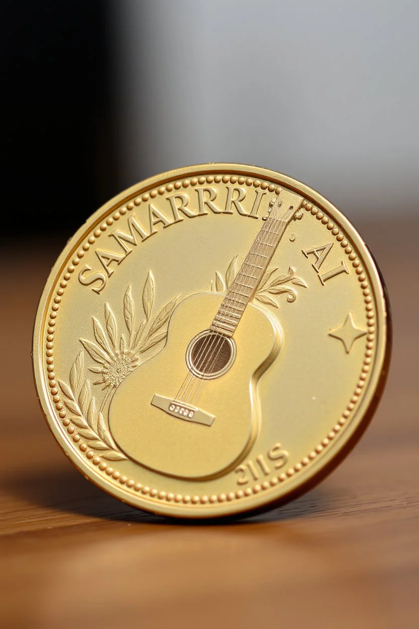 view of the word, SamarrraiAI , 1$ on a coin ,with picture of , acoustic Guitar, in the middle of the coin