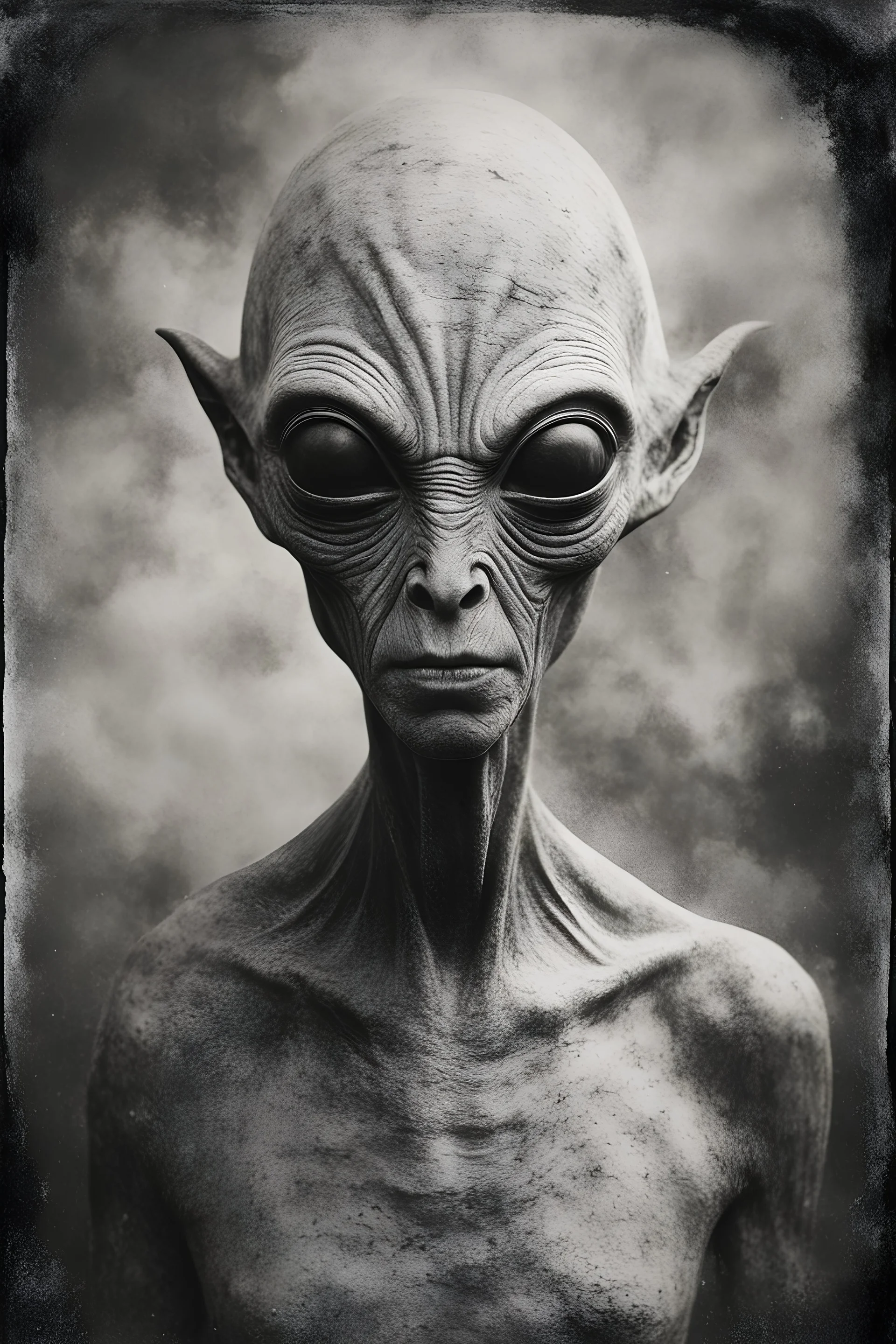 Black and white high brow photograph of a grey alien, film analog, dust overlay, eerie, high strangeness, surrealistic old photograph, mysterious,