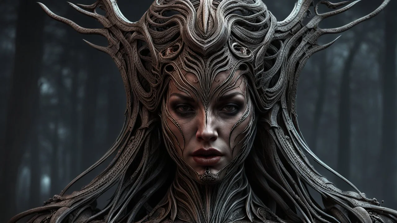 a horrifying female banshee warrior. brutal carnage on a battle field. fantasy setting. h.r. giger. armor melted into the skin. blood. intense horror. blind terror. scared to death. a masterpiece, fantasy concept art, dynamic lighting, hyperdetailed, intricately detailed, deep color, Unreal Engine, volumetric lighting, Epic cinematic brilliant stunning intricate meticulously detailed dramatic atmospheric maximalist digital matte painting